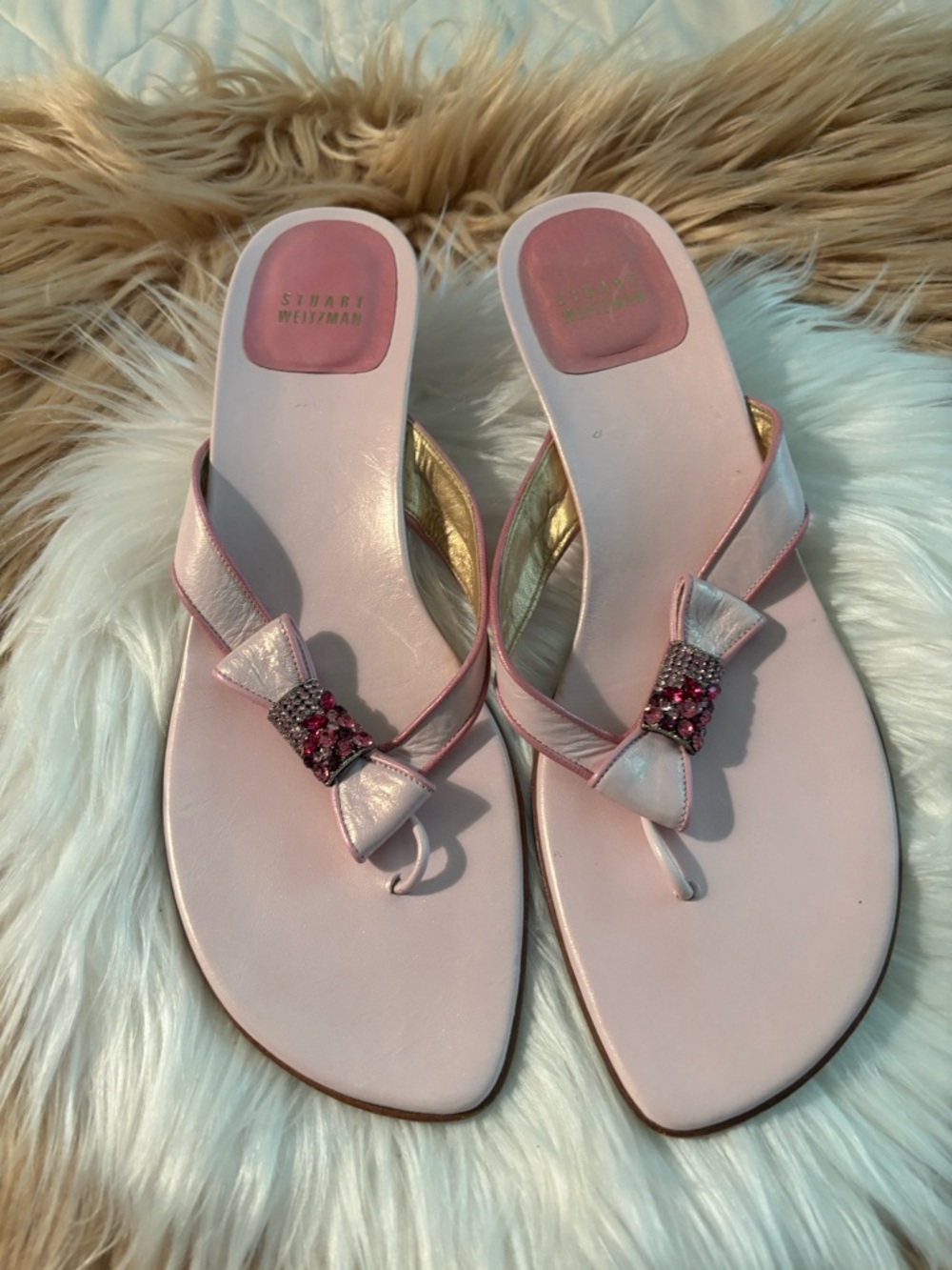 Stuart Weitzman Pink Bow Thong Sandals with Pink Crystal Accent